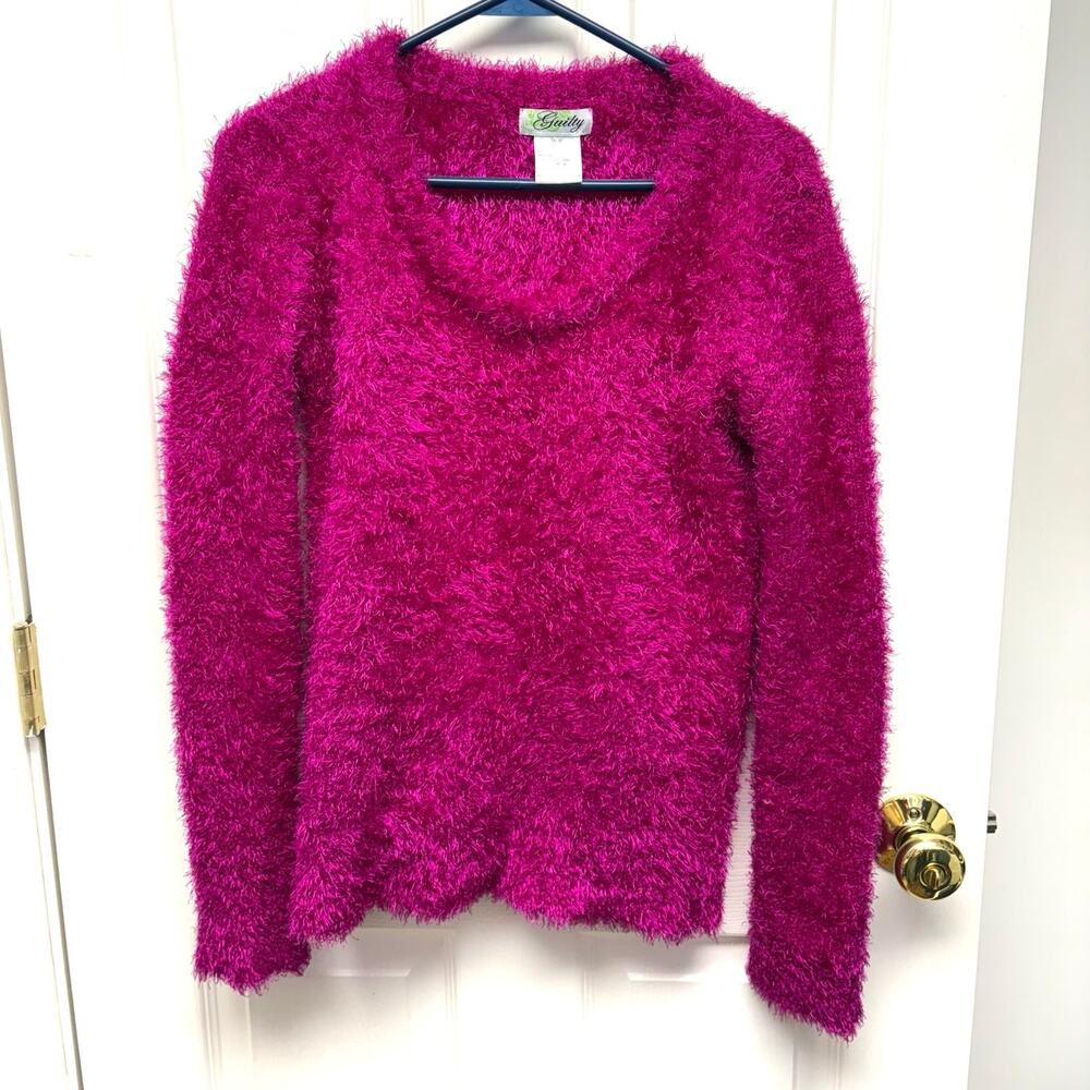 Guilty Sweater Fuzzy Hot Pink Scoop Neck Pullover, Women’s Size M, Y2K